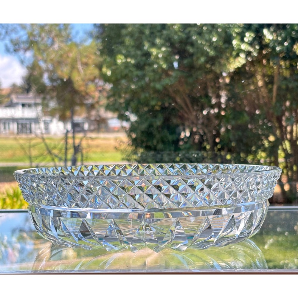 Vintage Diamond Cut Clear Crystal Round Serving Bowl 10" Sunburst Base Low Sides